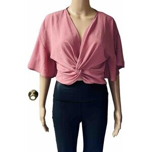 Active USA Blouse Size M Top Shirt Mauve Pink Knot Front Cropped Side Zip Yoga
